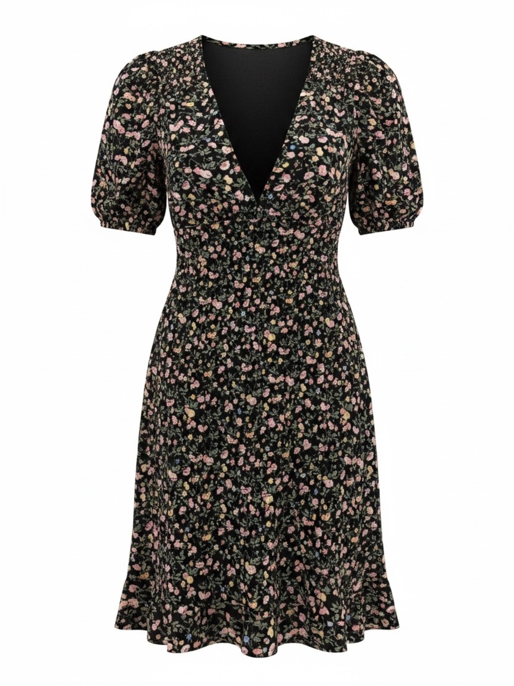 Abercrombie & Fitch Black Floral VNeck Puff Sleeve Smocked Bodycon Midi Dress XS